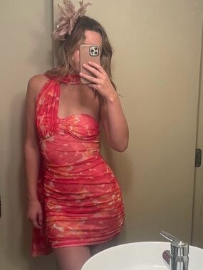 Hello Molly Red Orange Tie-Dye One-Shoulder Ruched Mini Dress